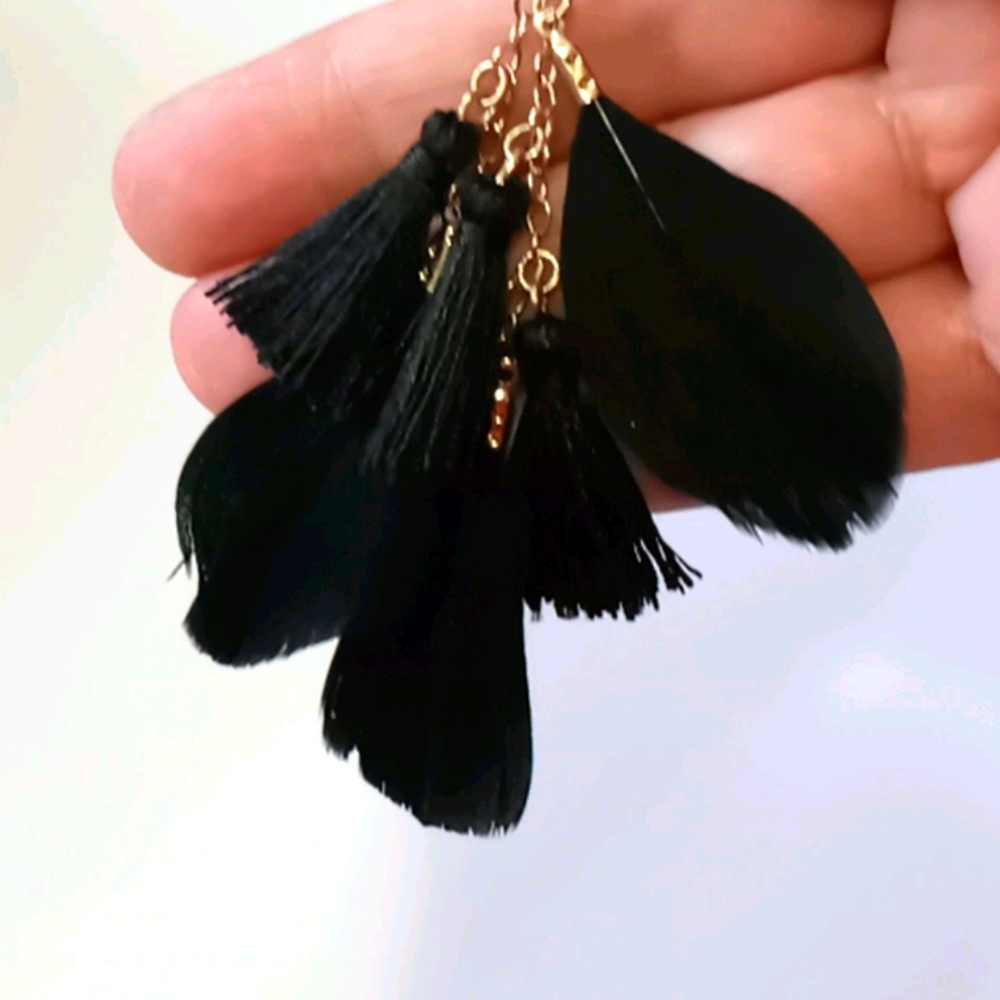 Black Feather Tassel Dangle Drop Earrings
